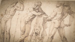The image features a detailed sketch of three muscular, nude male figures standing together, displaying anatomical precision and classical artistic style.