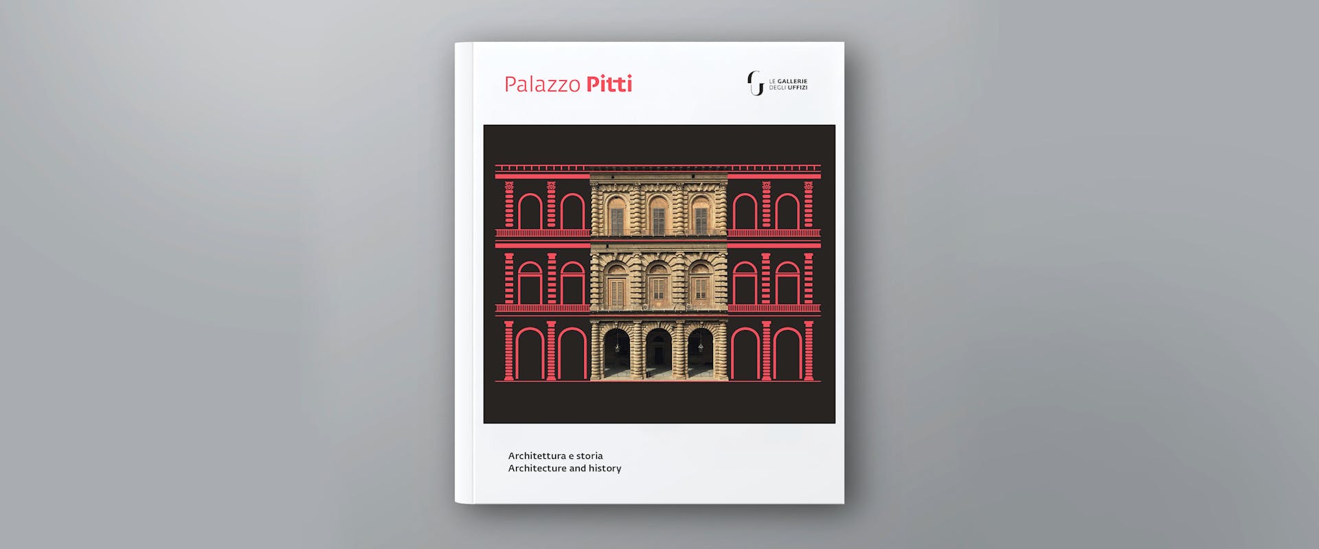 L'immagine mostra la copertina di un libro con il titolo "Palazzo Pitti", raffigurante un'illustrazione dettagliata dell'architettura classica del palazzo su uno sfondo nero, bordata di bianco con testo rosso.