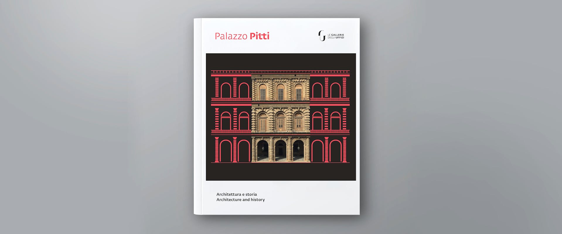 L'immagine mostra la copertina di un libro con il titolo "Palazzo Pitti", raffigurante un'illustrazione dettagliata dell'architettura classica del palazzo su uno sfondo nero, bordata di bianco con testo rosso.
