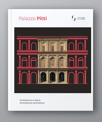 The cover of a book titled "Palazzo Pitti" shows an architectural illustration of the building's ornate facade, highlighted in red and stone colors, with text in both Italian and English detailing its focus on architecture and history.