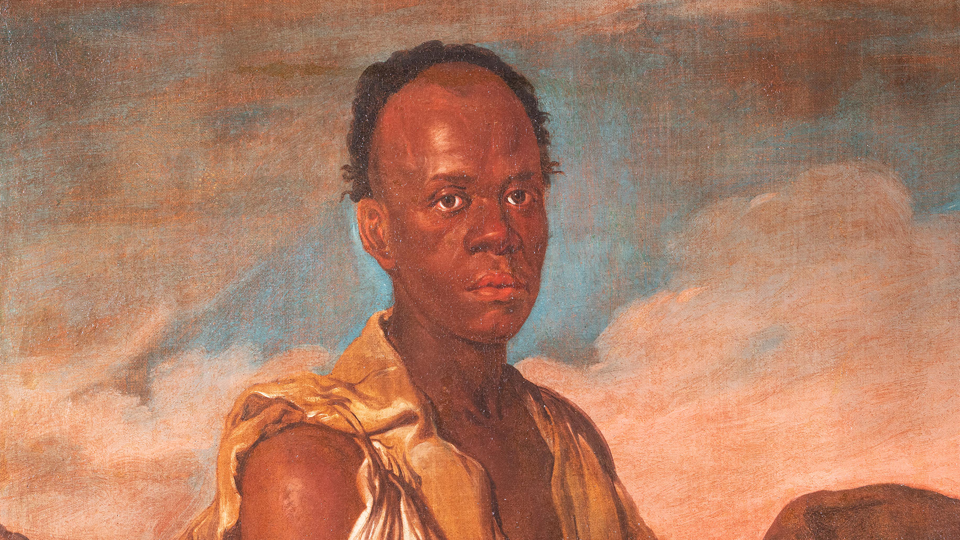 Dipinto di un uomo con abiti bianchi e beige logori