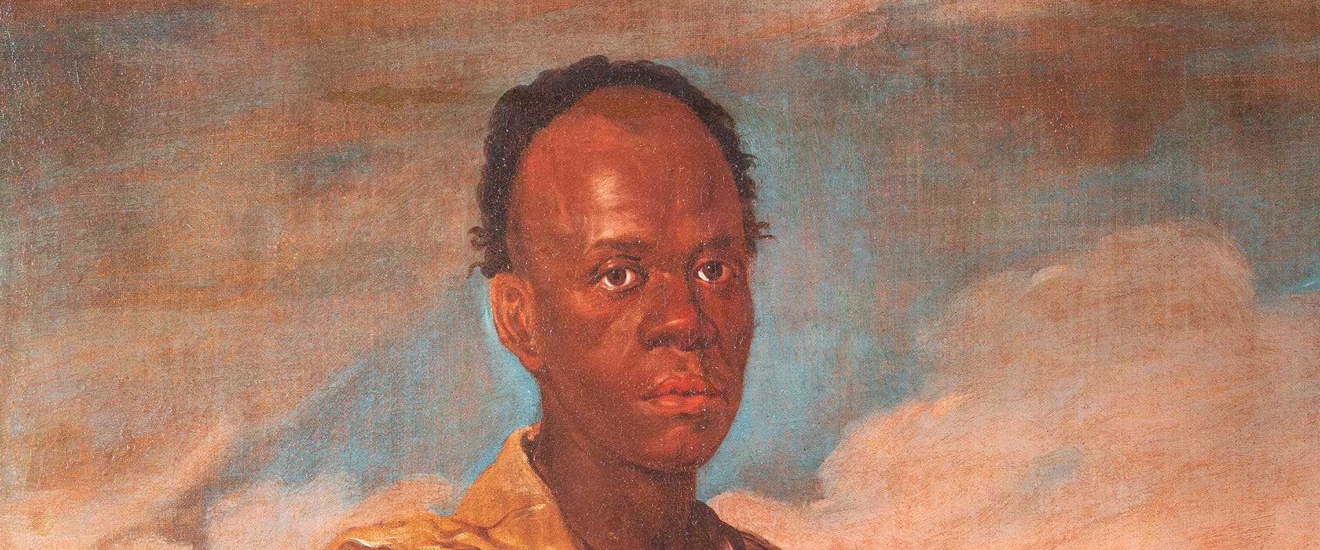 Dipinto di un uomo con abiti bianchi e beige logori