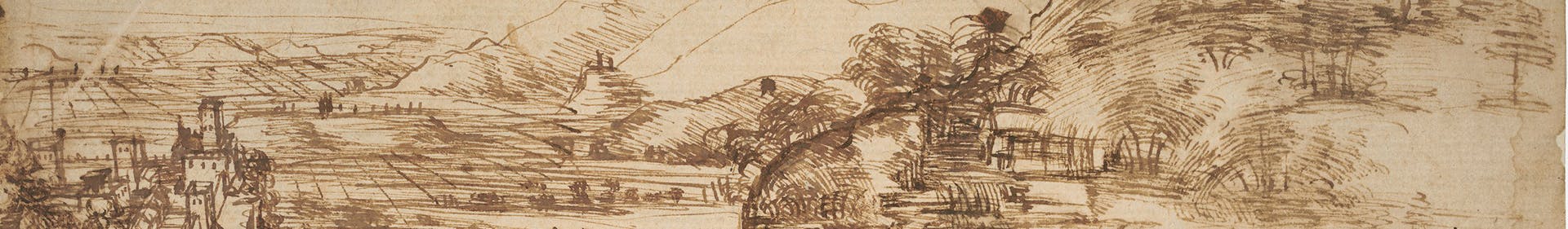 Una scena di paesaggio storico con disegni a inchiostro, raffigurante colline, alberi e strutture architettoniche classiche, su uno sfondo di carta pergamenata.