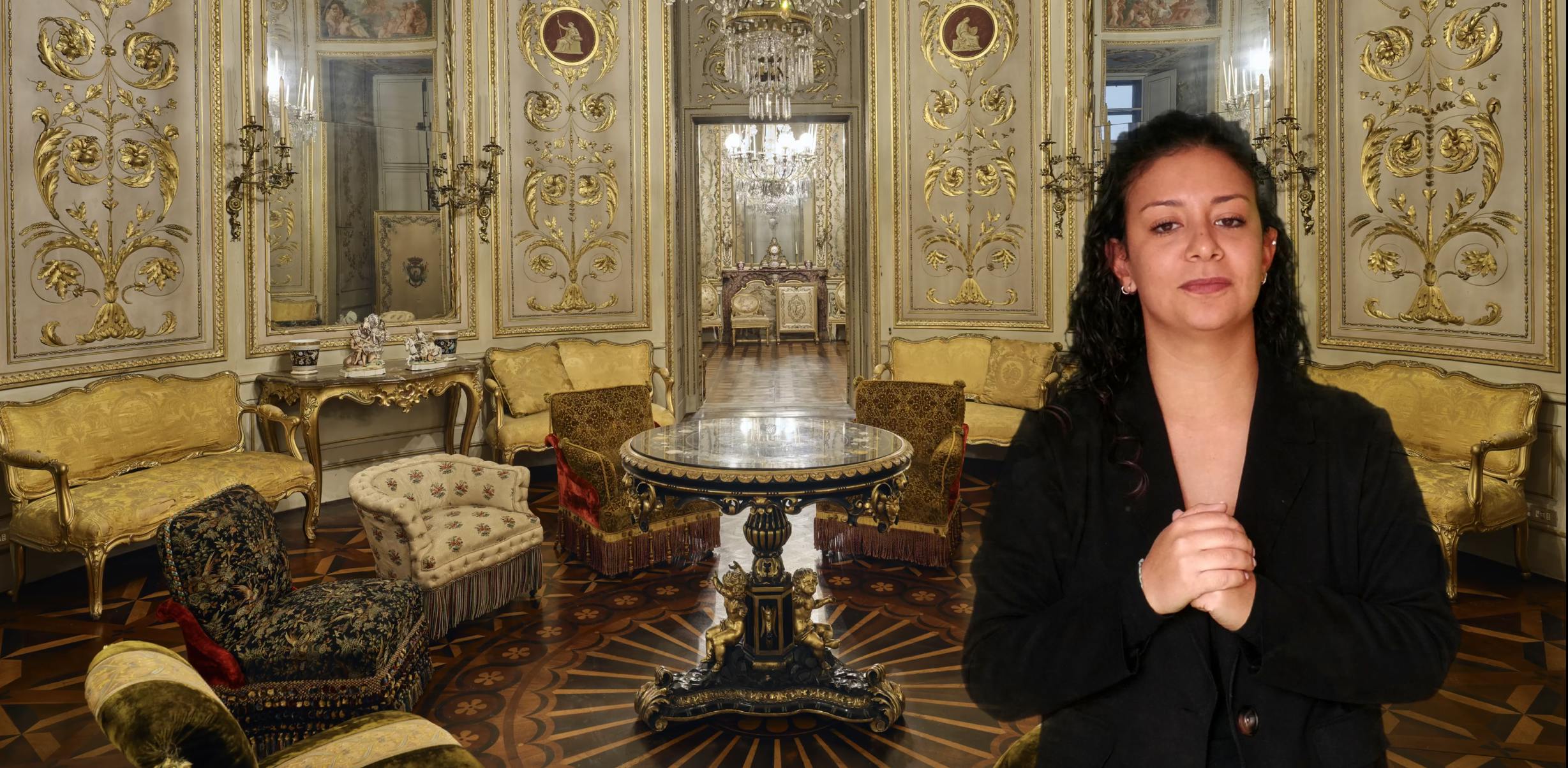 Immagine con un'interprete LIS e sullo sfondo una sala di Palazzo Pitti