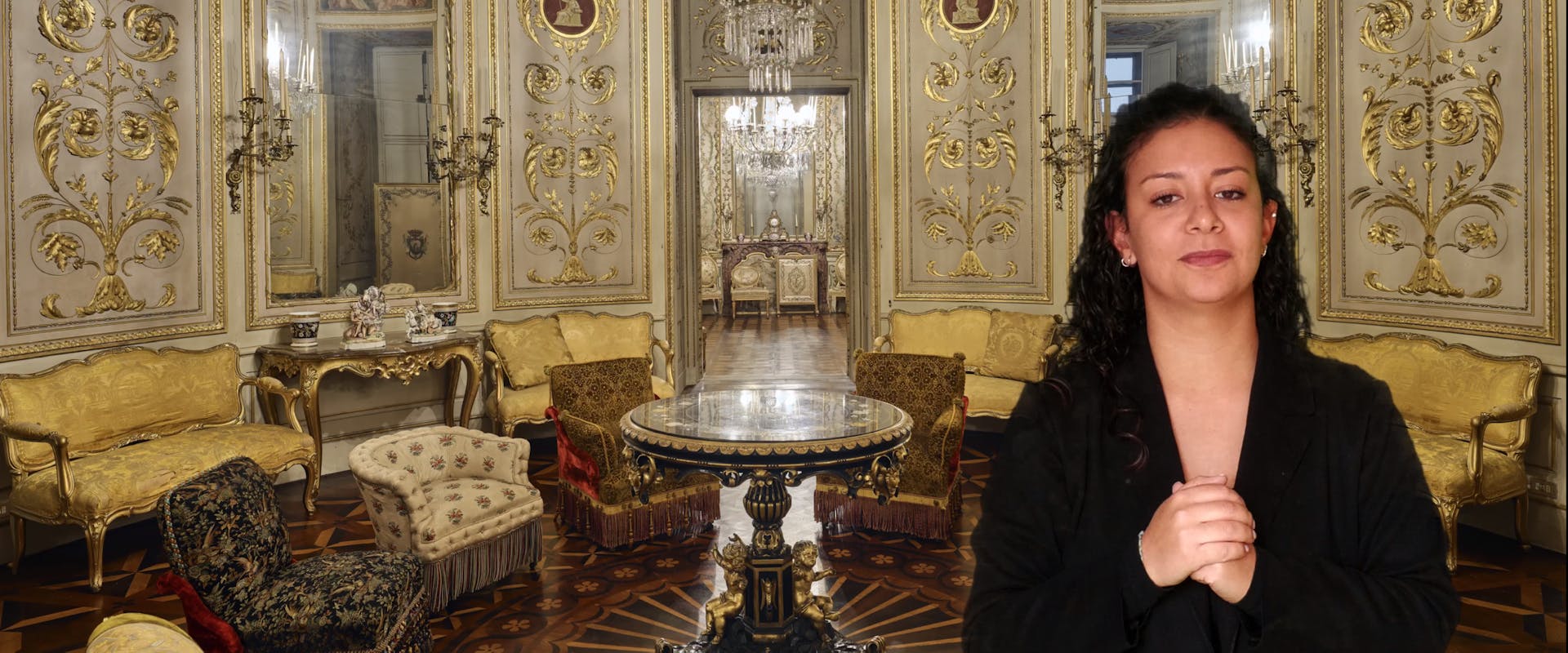 Immagine con un'interprete LIS e sullo sfondo una sala di Palazzo Pitti Immagine con un'interprete LIS e sullo sfondo una sala di Palazzo Pitti