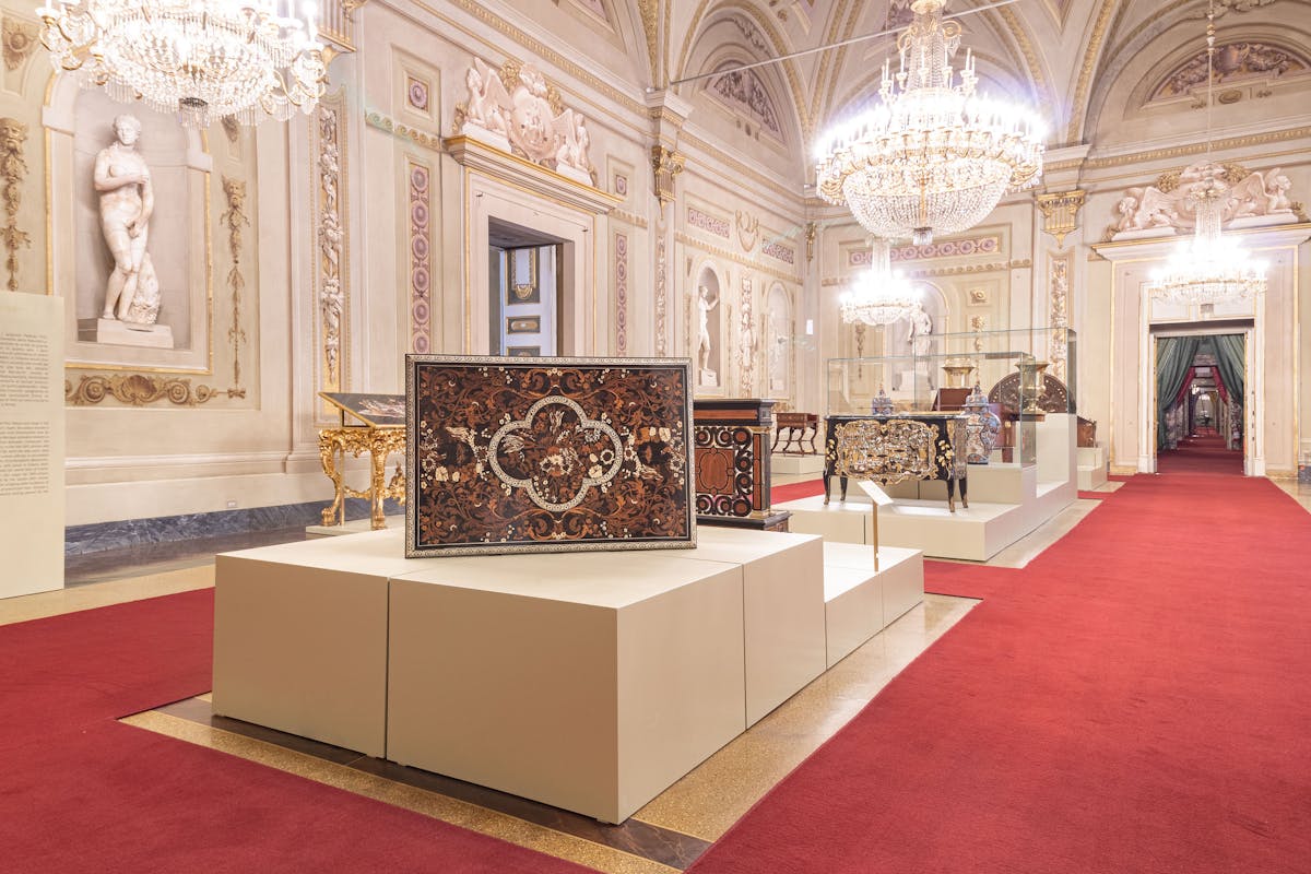 The Hall of Niches in Palazzo Pitti with an exhibition of furniture