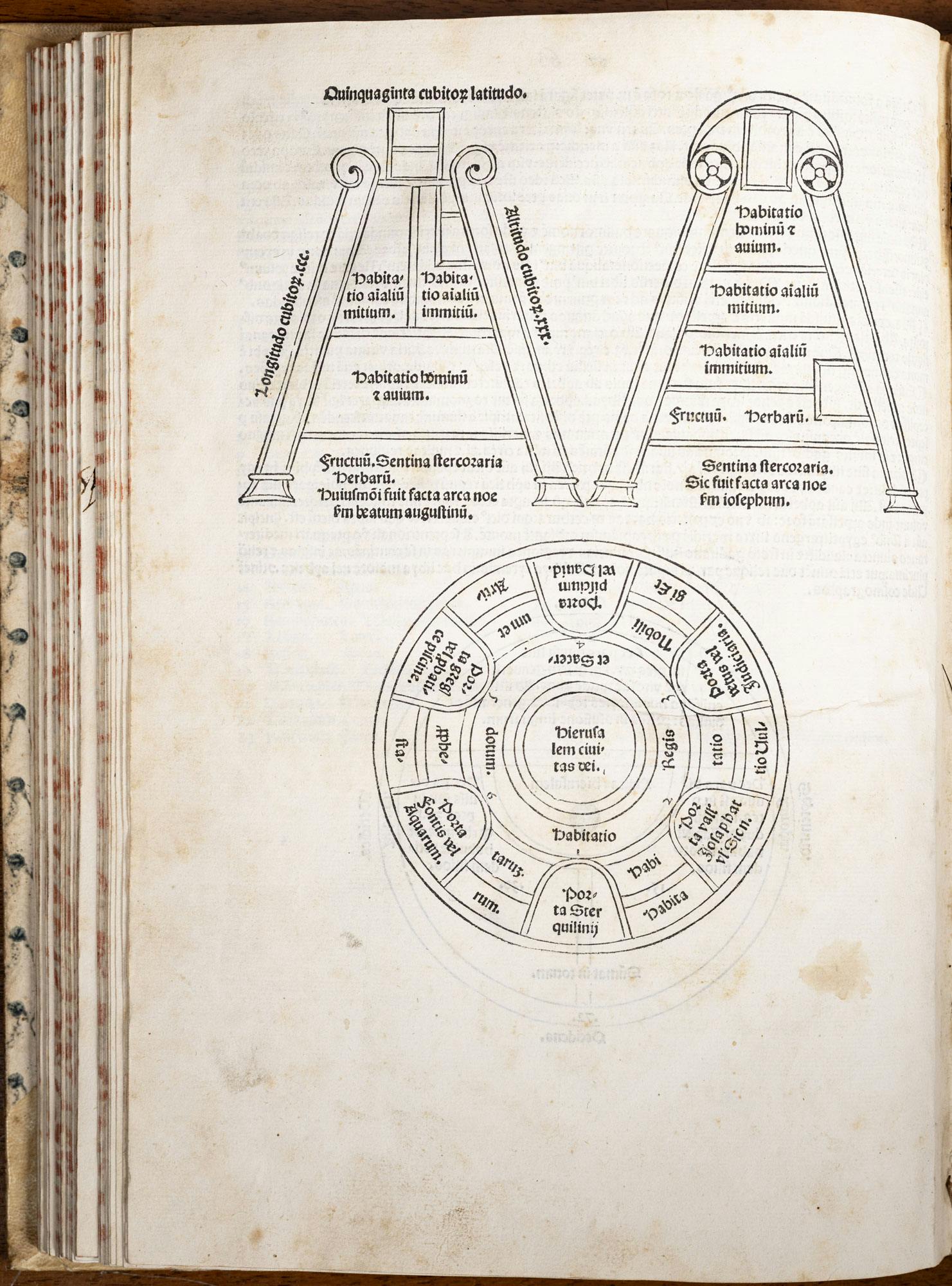 This image shows an antique book page featuring detailed diagrams of astrological and astronomical instruments, including a quadrant and a circular chart with inscriptions denoting celestial elements and symbols.