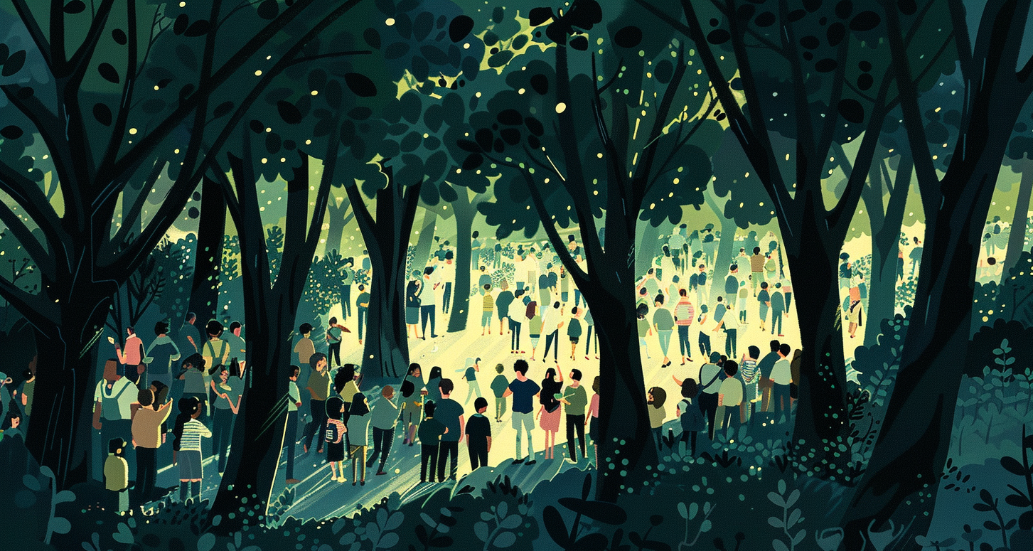 A crowd of people in a woodland