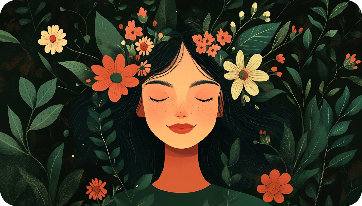 A woman's face surrounded by flowers