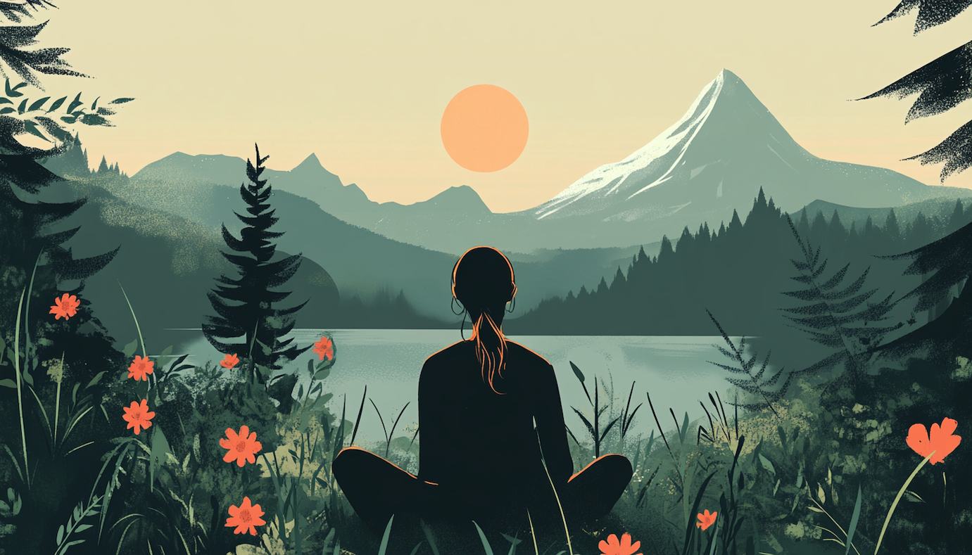 A woman sitting in a wilderness