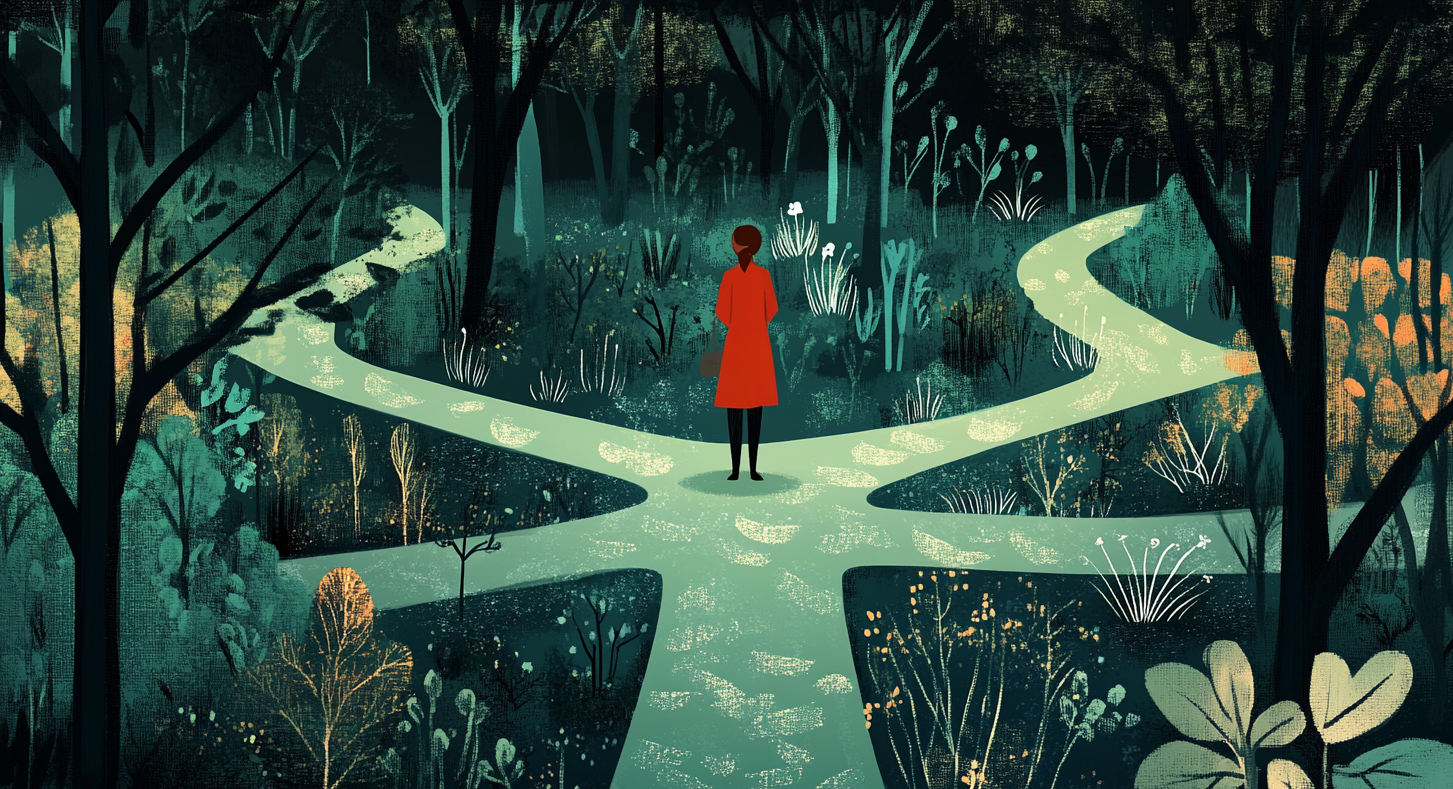 Woman standing at a crossroads