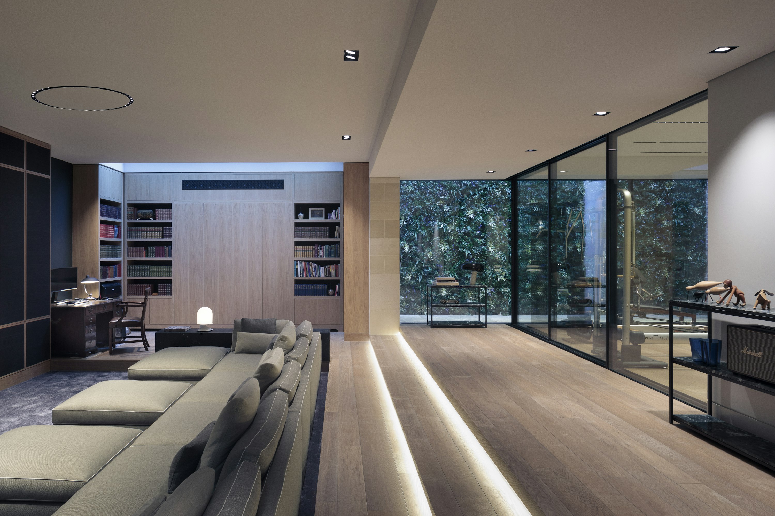A B&B Italia sofa and dark wood joinery in a basement home cinema room, next to a home gym with a lightwell and green wall.