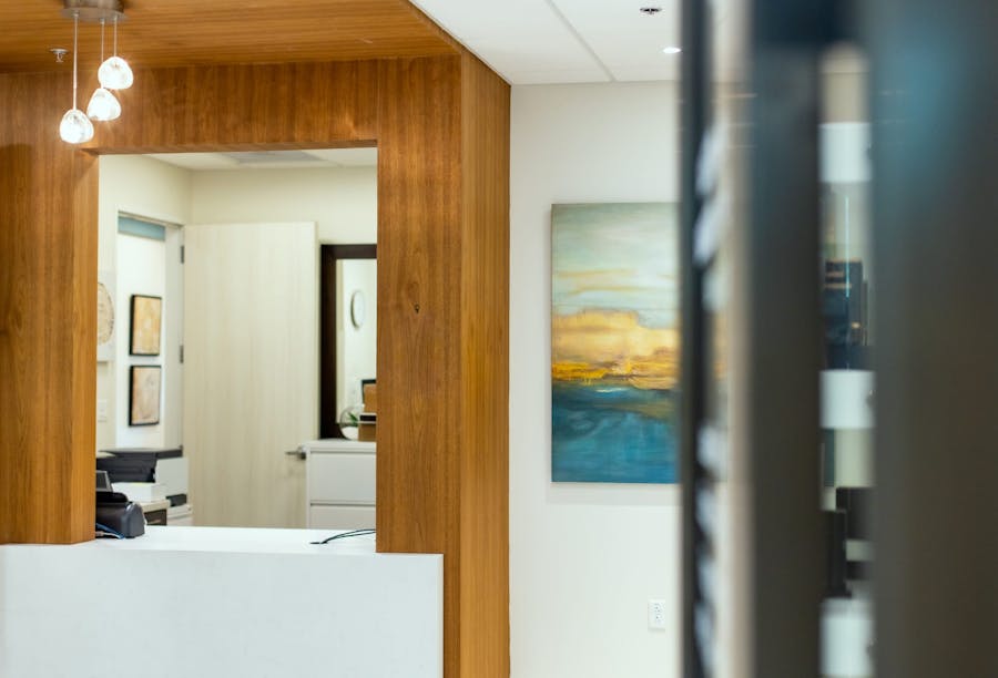 Close-up of the front desk