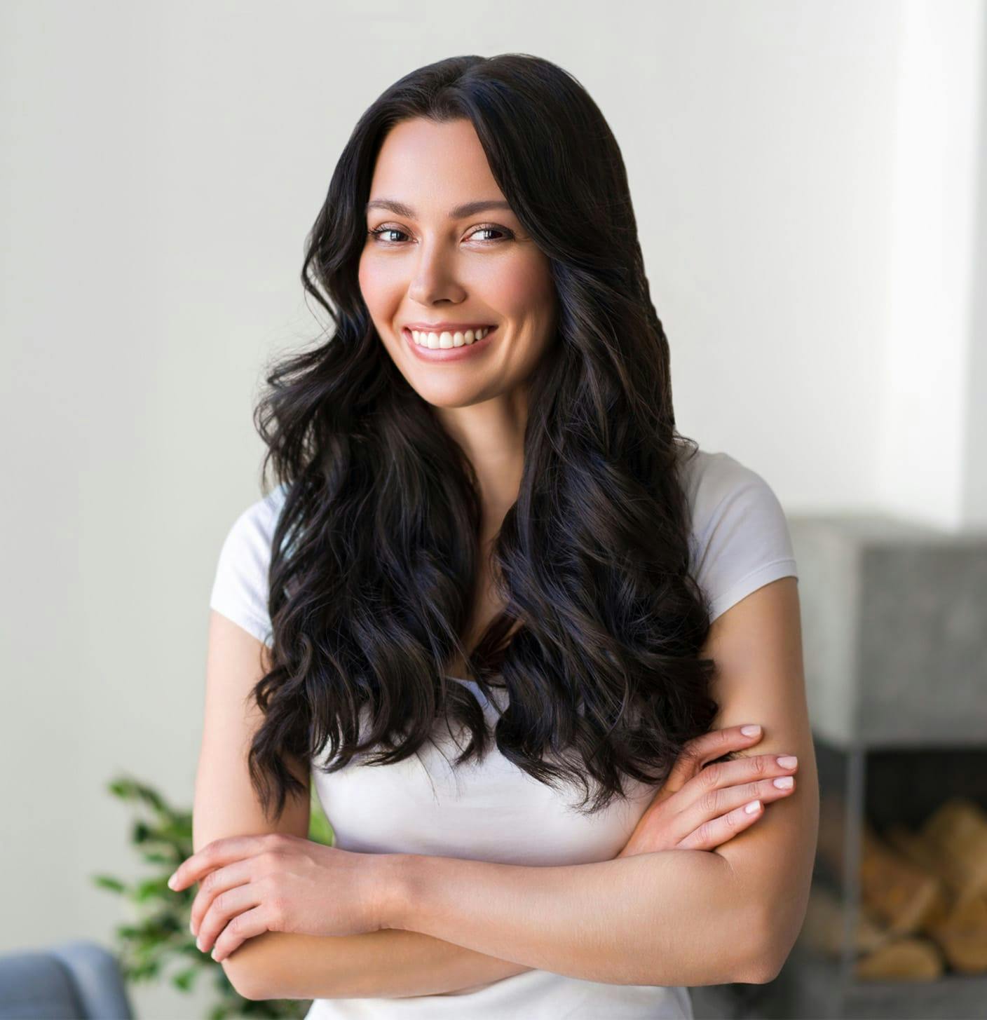 Woman with curly hair smiling