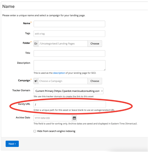 Screenshot of Pardot landing page settings