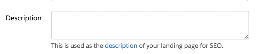Screenshot landing page SEO description field
