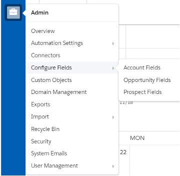Screenshot of admin settings to find configure fields in Pardot