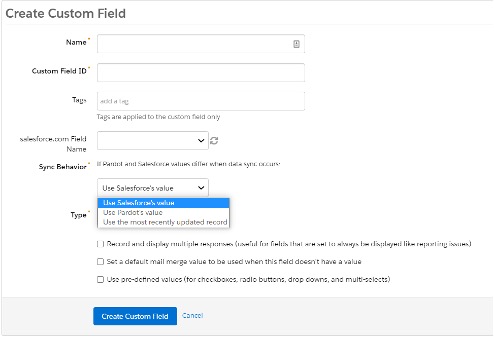 Screenshot of how to create custom field in Pardot