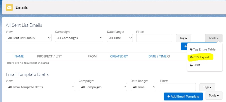 Screenshot of exporting prospect data from sent emails