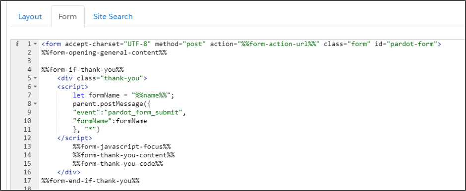 Screenshot of the Pardot form layout code