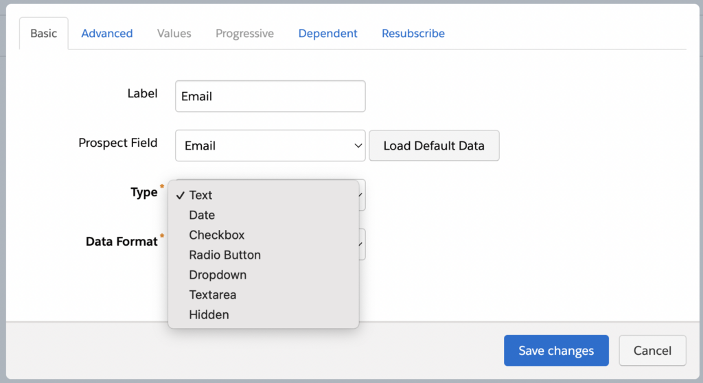 Screenshot of Pardot form field types