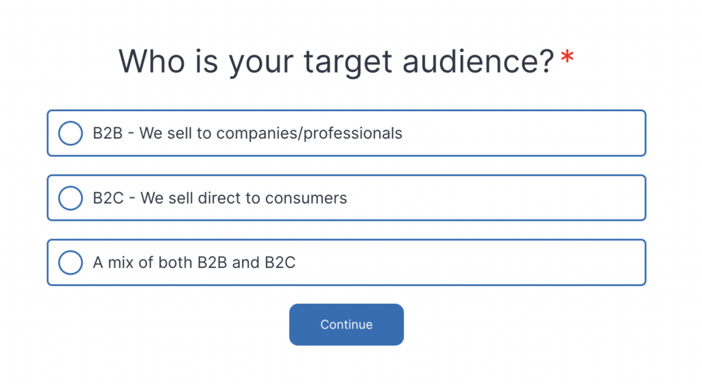 Screenshot of question one in the Salesforce marketing tools quiz