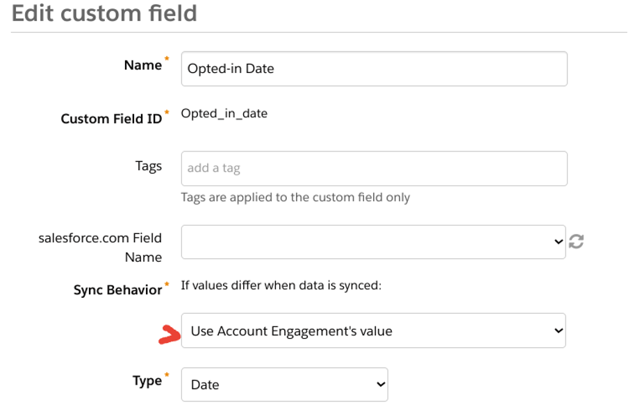 Screenshot of Pardot sync behaviour dropdown