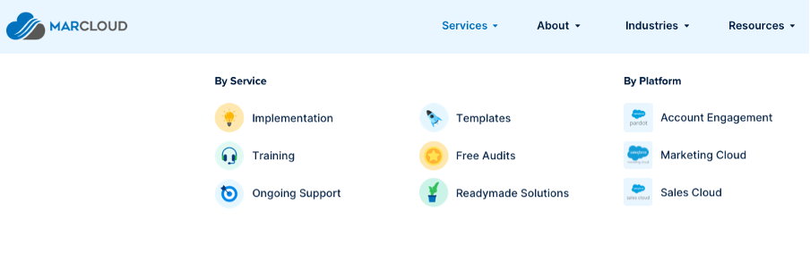 MarCloud main website navigation screenshot