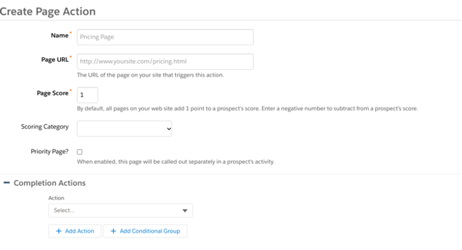 Screenshot of the Pardot Page Actions feature