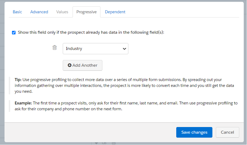 Screenshot of Pardot settings for progressive profiling