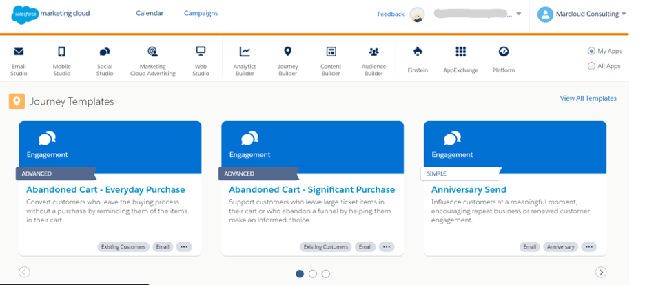 Marketing Cloud main dashboard