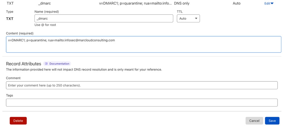 Screenshot of the MarCloud DMARC record