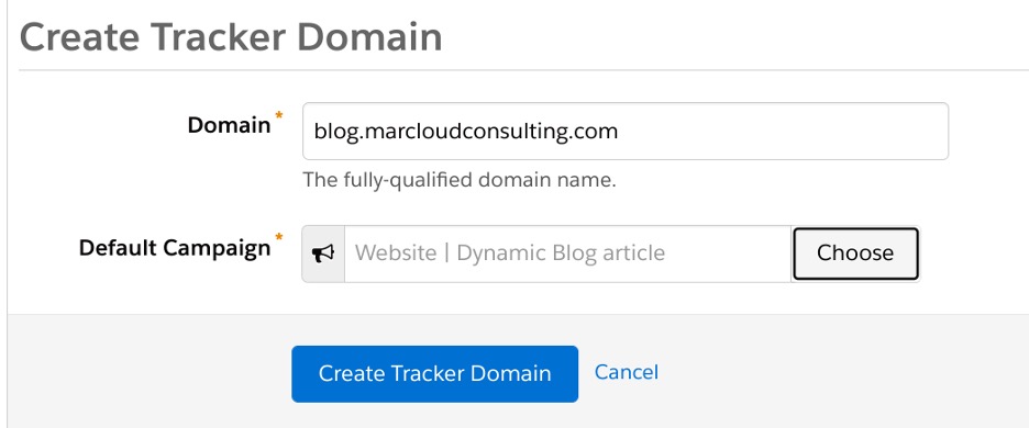 Screenshot of settings to create a tracker domain in Pardot