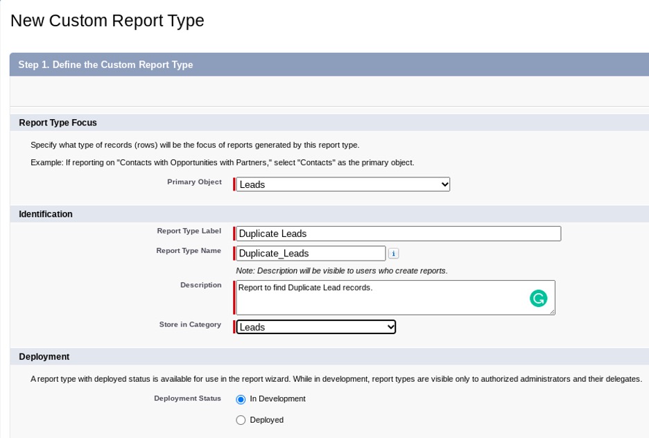 Screenshot of Custom Report Type deployed