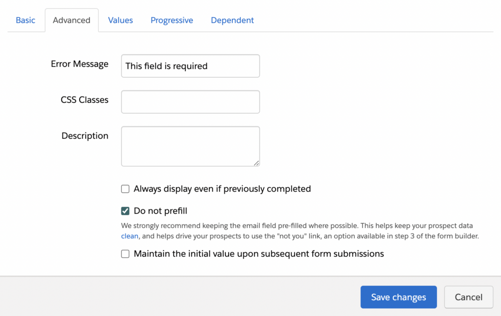 Pardot form advanced tab showing Do not prefill option