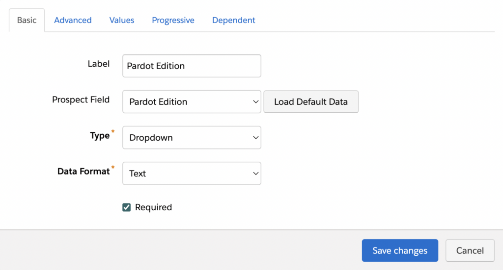 Pardot form field stating Pardot edition