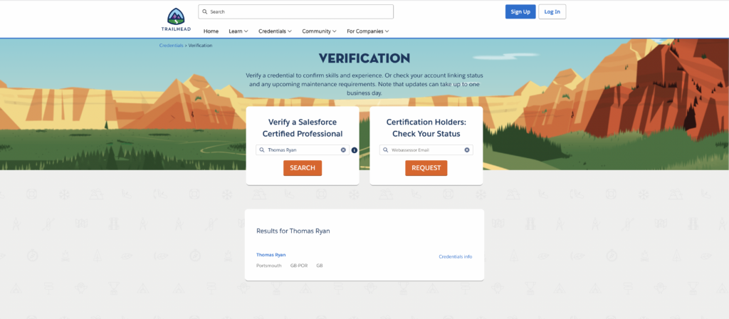Screenshot of the Verification tool on Salesforce website