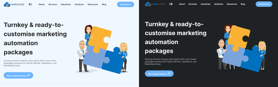 MarCloud website in light and dark mode side by side