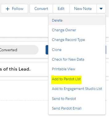 Screengrab of a Salesforce record dropdown menu showing Add to Pardot list