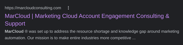 Screenshot of Google search result for Marketing Cloud Account Engagement Consulting and Support