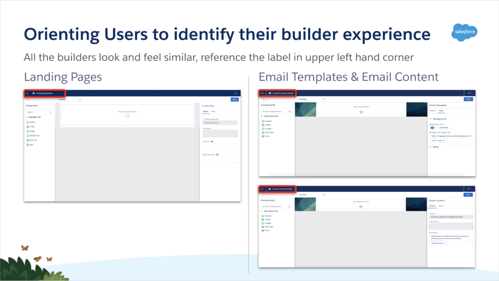 Salesforce slide: orienting users to the Lightning Builder