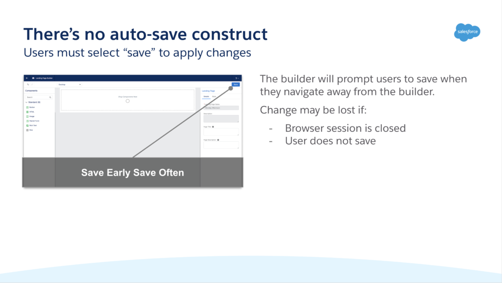 Salesforce slide: There is no auto-save construct