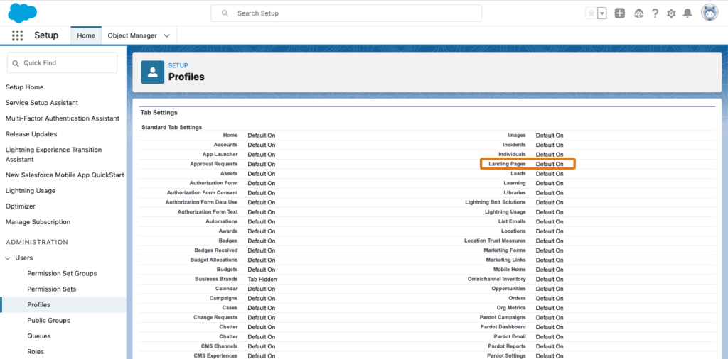 Screenshot of back end in Pardot