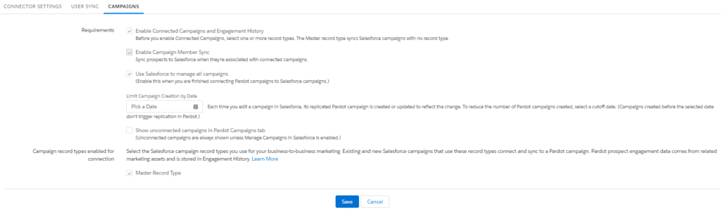 Screenshot of Pardot system demonstrating how to enable Connected Campaigns
