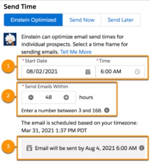 Screenshot of Pardot showing each field of the send time optimization feature