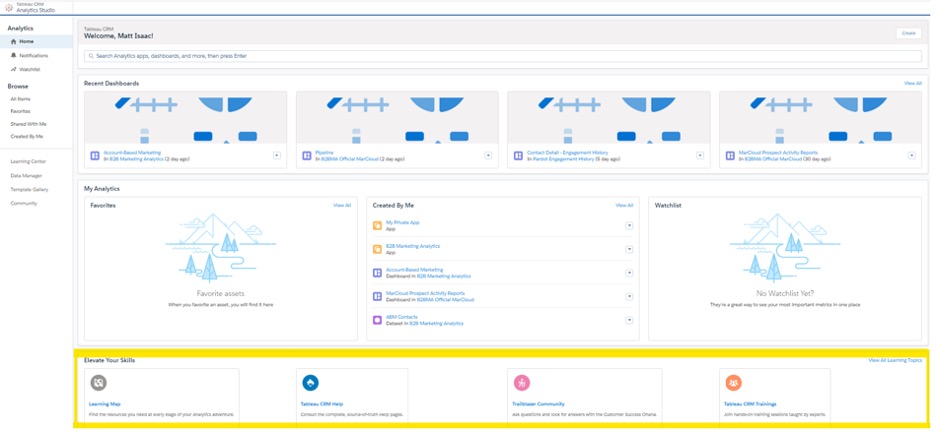 Screenshot of the learning centre tab in analytics studio