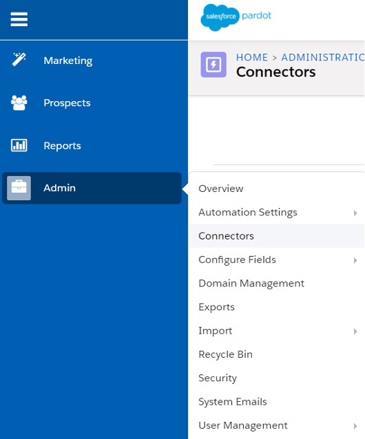 Screenshot of admin connectors screen in salesfoce - Pardot V2 Connector