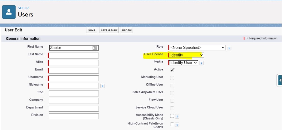 Screenshot of the set up for a Salesforce user