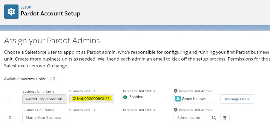 Screenshot of Pardot account setup