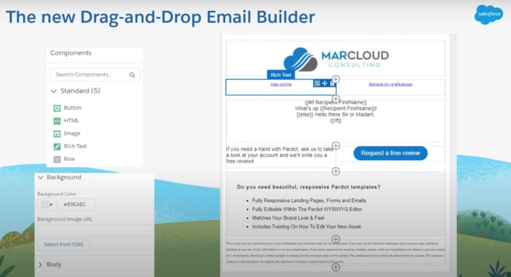 Screenshot of drag and drop email builder canvas slide
